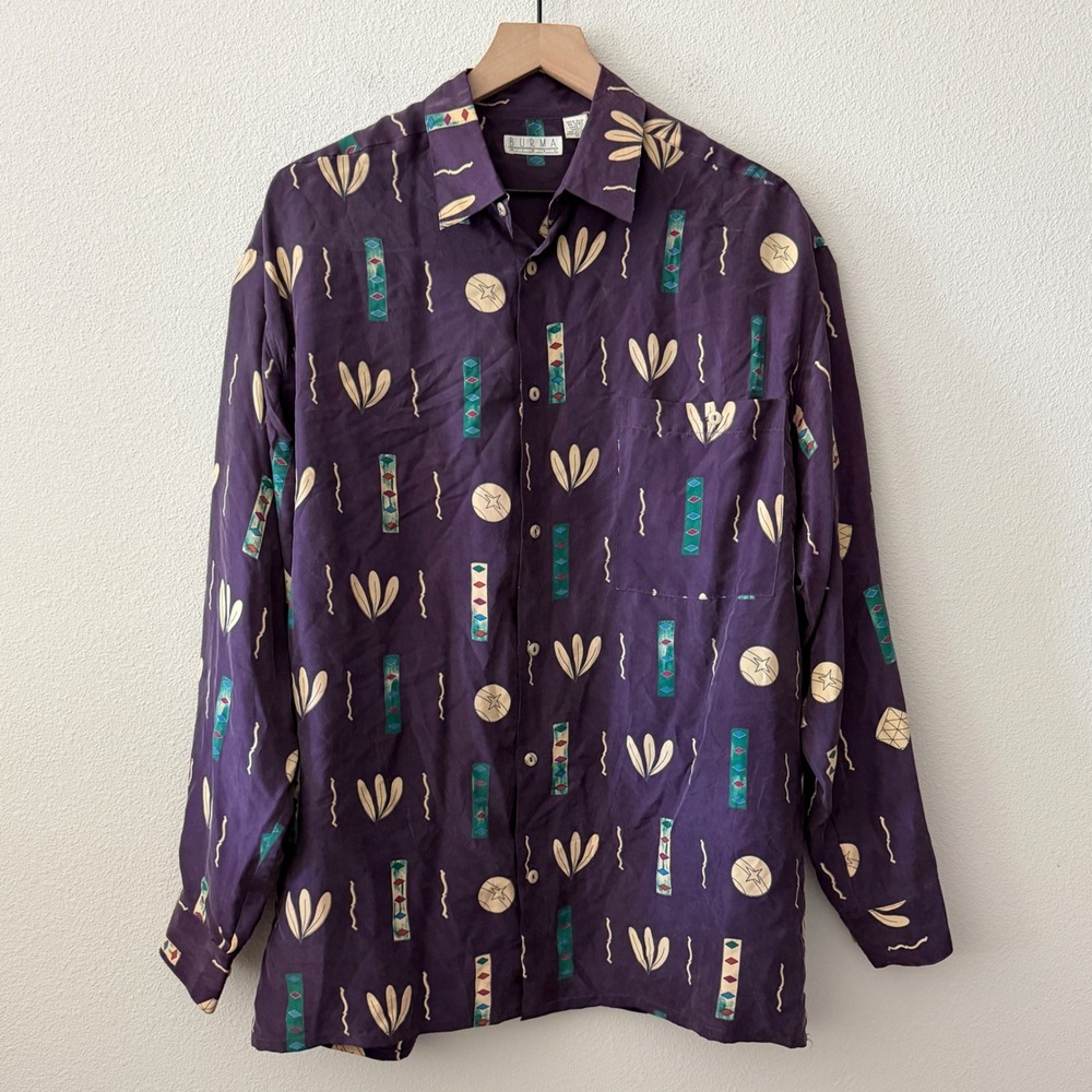 BURMA Mens Silk Long Sleeve Button Abstract Geometric Vintage 90s Retro Size M